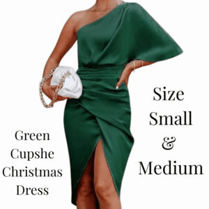 Green Christmas Dress, Cupshe One Shoulder, Satin Holiday Party Outfit-Sz Medium